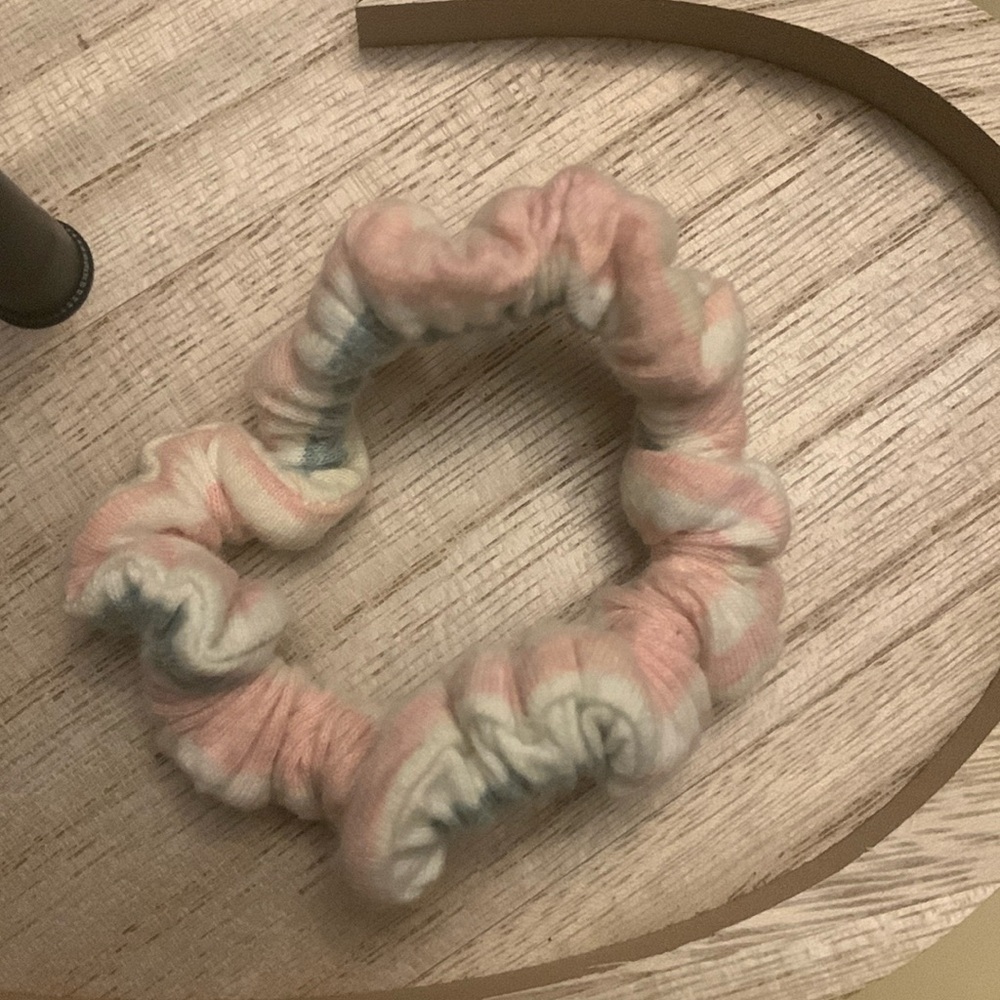 Green and pink striped mini hair scrunchie
